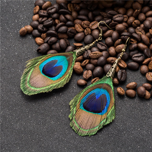 Big Long Natural Peacock Feather Earrings